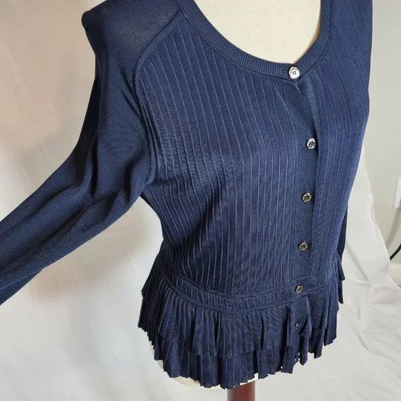 Oscar de la Renta Navy Button Front Ruffle Hem Cardigan Size: L - Picture 5 of 16